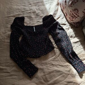 Free People Black Top with Red Cherry Print